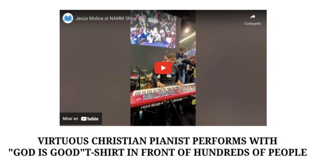 Virtuous Christian pianist performs with _God is good_ T-shirt in front of hundreds of people