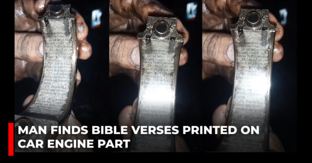 Man finds Bible verses printed on car engine part